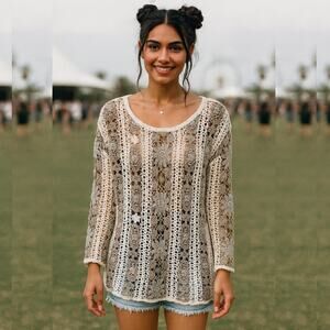 Shenanigans Hand Knitted‎ Vintage Crochet Floral Sweater Women's SM Festival